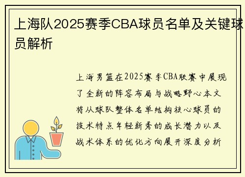 上海队2025赛季CBA球员名单及关键球员解析